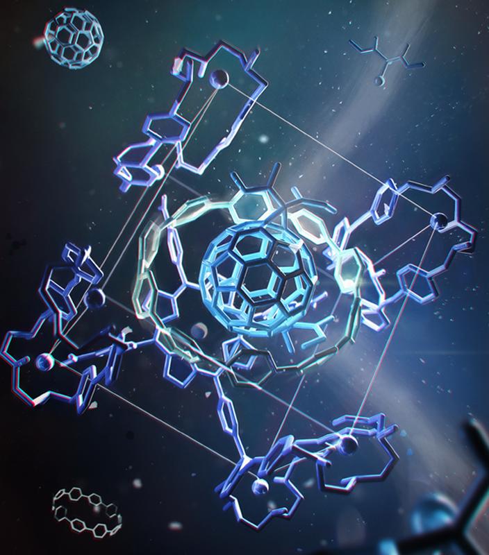 The image shows the molecular matryoshka used for the functionalisation of the fullerene C60. The multi-shell reactor is based on three nested molecular structures that resemble a soccer ball (fullerene molecule, inside), a hula hoop and a cage. 