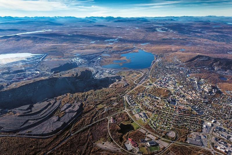 Aerial view of Kiruna with the city and former open-pit mines.