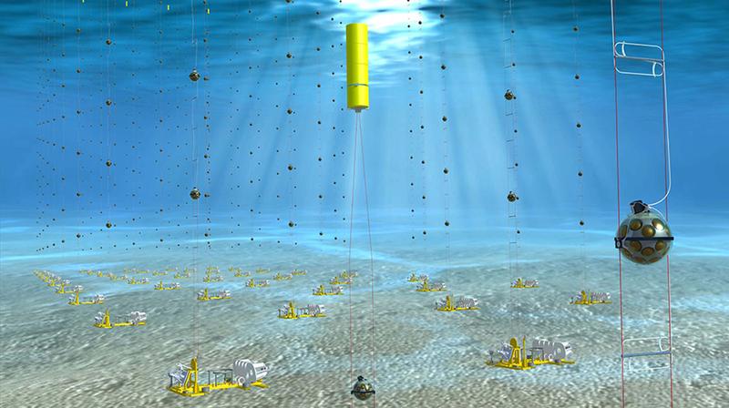 Das Tiefsee-Neutrinoteleskop KM3NeT soll einmal aus 200 Detektoren mit jeweils 18 Sensormodulen bestehen und dabei das Volumen eines Würfels von 1 Kilometer Seitenlänge ausfüllen.