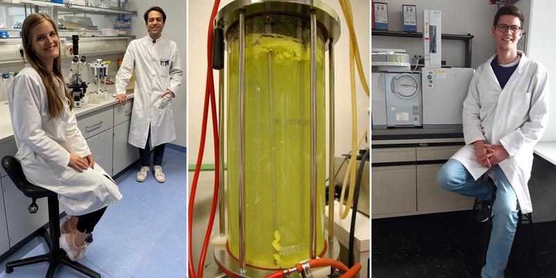 Lydia Steffens and Eugenio Pettinato (University of Münster, left) and Thomas M. Steiner (TUM, right) in the laboratory; the three doctoral students share first authorship of the Nature publication. In the middle: a fermenter system for growing bacteria 