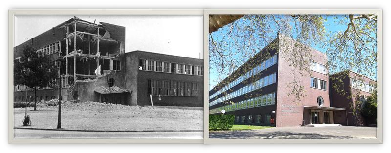 Links: Zerstörtes Hauptgebäude des Max-Planck-Instituts für Eisenforschung nach einem Bombenangriff der Alliierten 1943. Rechts: das heutige Instituts-Hauptgebäude.