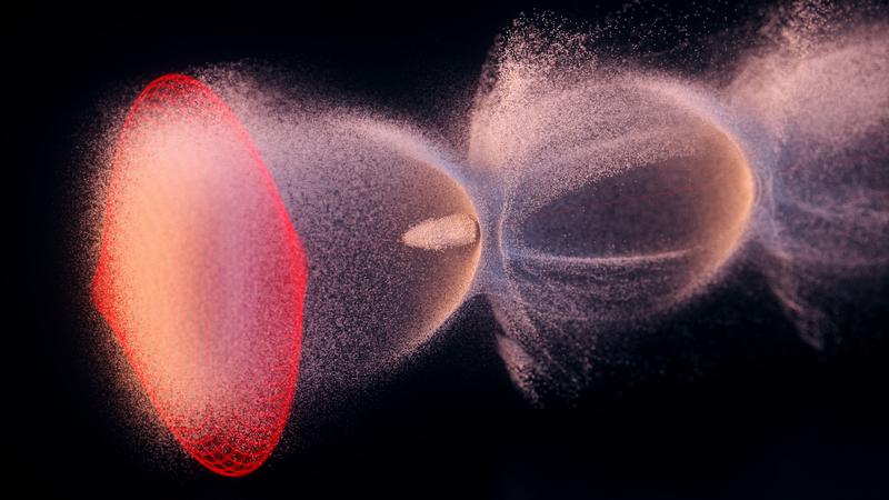 Bei der Laser-Plasma-Beschleunigung treibt ein intensiver Laserpuls (rot) in einem ionisierten Gas eine aus Elektronen (weiß) bestehende Plasmawelle. Ein Elektronenpaket (Mitte), das auf dieser Welle „surft“, wird so enorm beschleunigt.