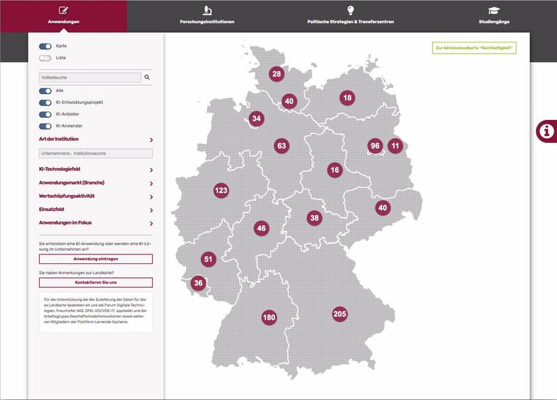 Über 1.000 KI-Anwendungen aus Deutschland sind auf der KI-Landkarte der Plattform Lernende Systeme mittlerweile verzeichnet.