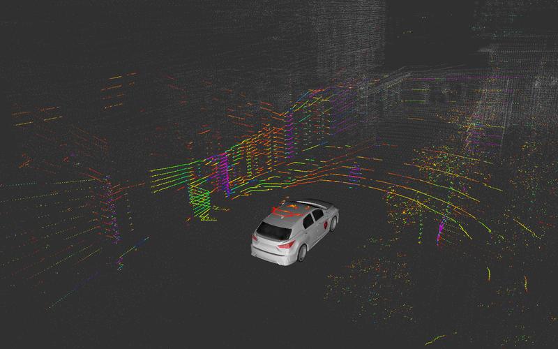 Was sieht ein Auto? Laserscan der Empa-Teststrecke: links das Laborgebäude, rechts Bäume, vor dem Auto ein Fussgänger.
