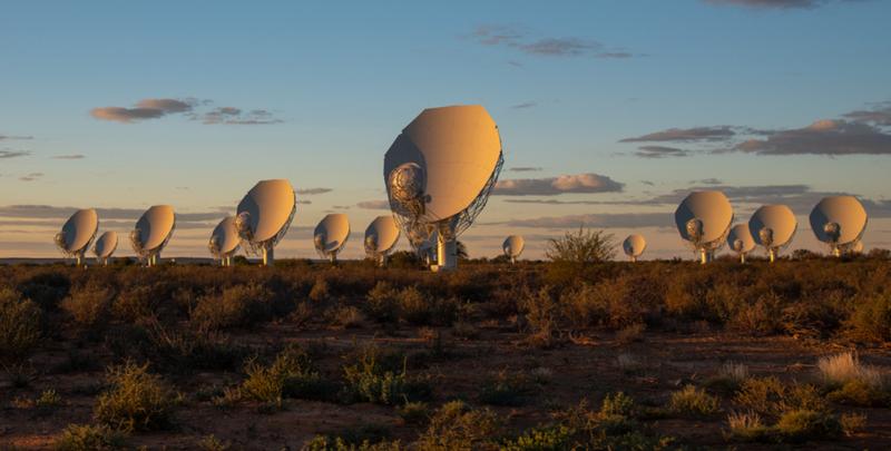 Vierzehn von insgesamt 64 Parabolspiegeln des MeerKAT-Radioteleskopnetzwerks in der Karoo-Halbwüste in Südafrika.