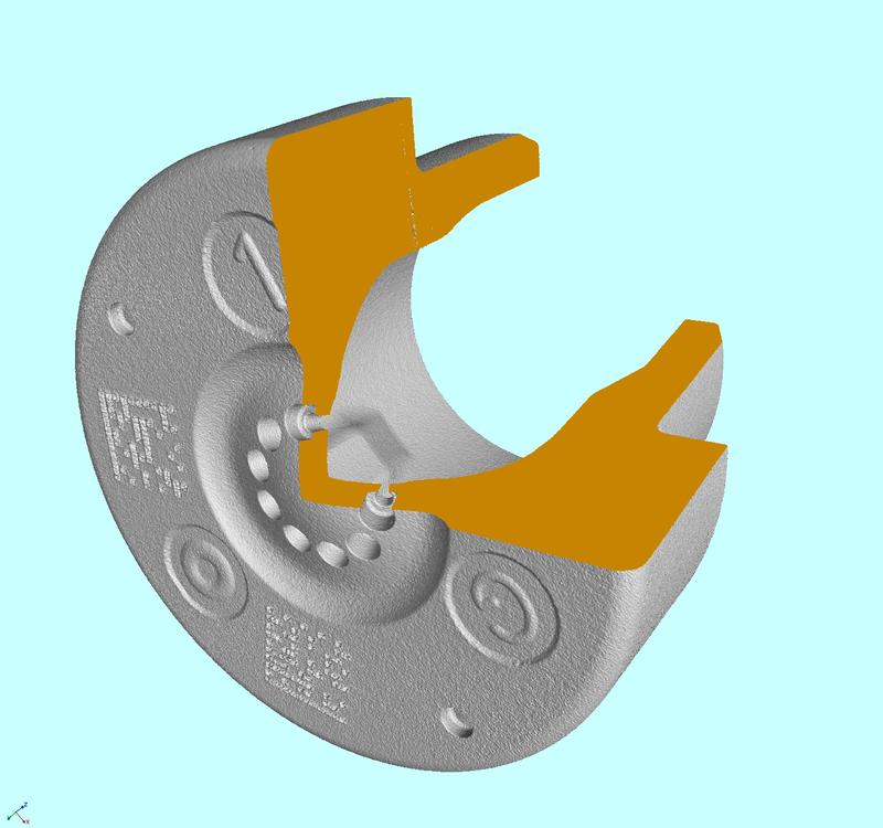 Dieses nur rund 5 mm große Werkstück ist Teil einer Einspritzdüse. Die PTB hat es mit auf Computertomografie gestützter Koordinatenmesstechnik gemessen. Die gelben Flächen stellen einen virtuellen Schnitt durch das Bauteil dar.