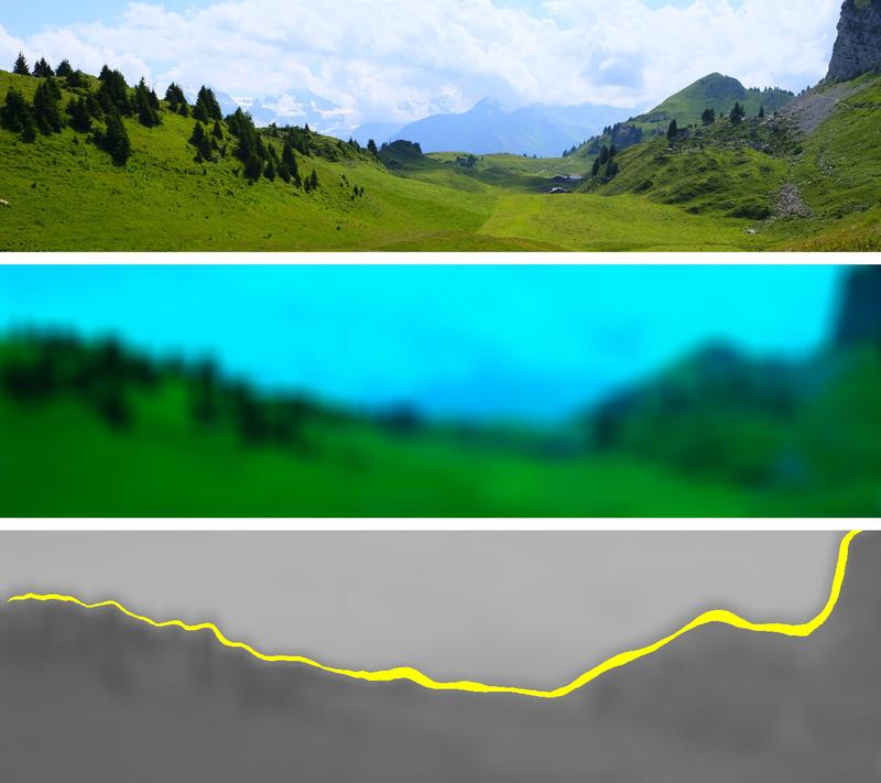 Fotografie einer Landschaftsszene (oben), simulierte Bildinformation im Auge der Maus (mitte) und durch die Farbdetektoren erkannte Farbübergänge (gelb, unten).
