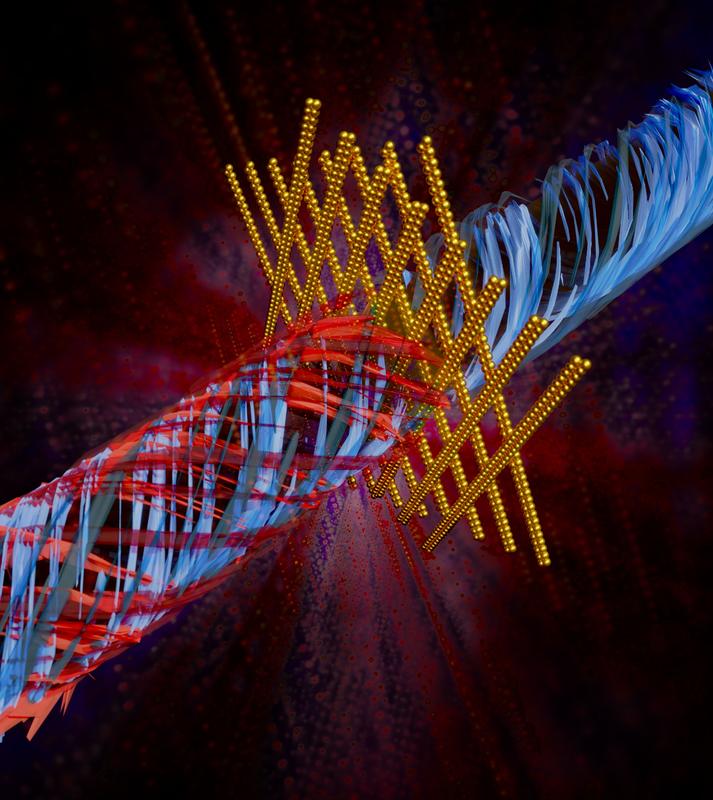 Chirale, gestapelte Nanopartikellinien filtern Lichtpolarisationen effizient. Sie lassen nur links-zirkular polarisiertes Licht passieren (blau) und halten rechts-zirkular polarisiertes zurück (rot).