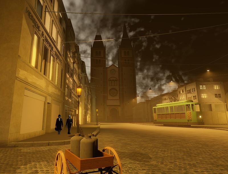 Ein Blick in die nächtliche Domstraße der Stadt Würzburg in Virtual Reality 