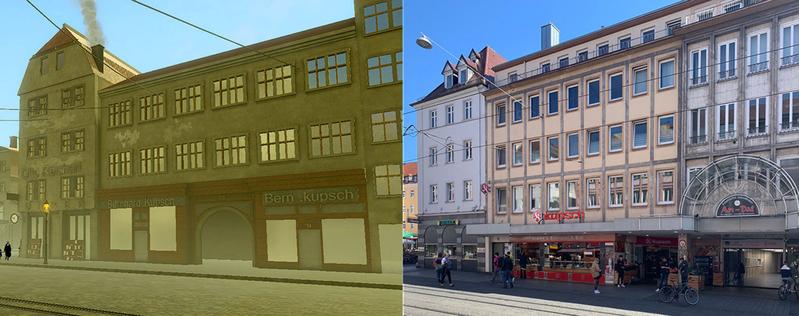 Der Vergleich eines Gebäudekomplexes in der Domstraße vor der Zerstörung und heute 