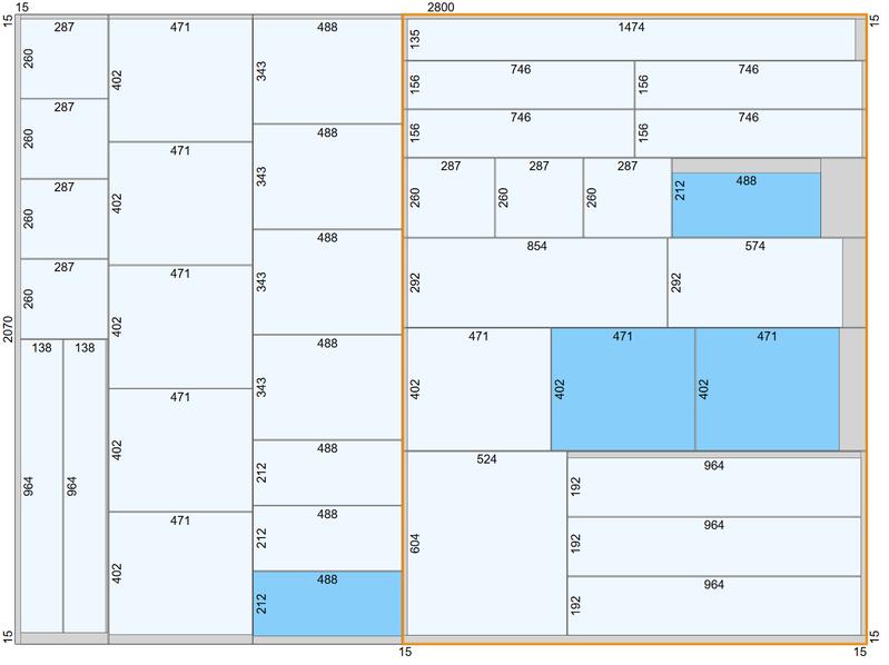 Schnittplan mit Kopfschnitt: Der Schnittplan ist unterteilt in den »Kopfplan« (links) und den »Hauptplan« (orange umrandet). Beide enthalten drei Schnittebenen. Die Streifen auf dem Hauptplan sind um 90 Grad gedreht.