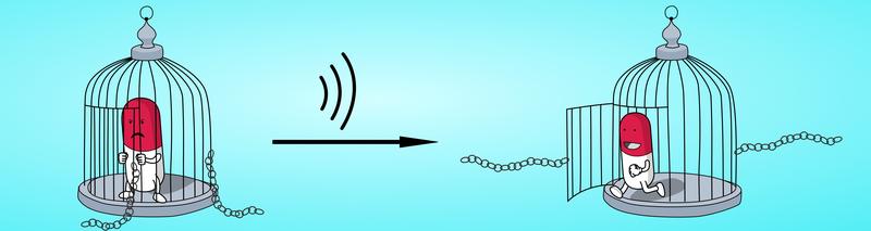 Researchers succeed in constructing a supramolecular cage and loading it with pharmaceutically active cargo. In aqueous solution, ultrasound waves open the cage and release the drug.