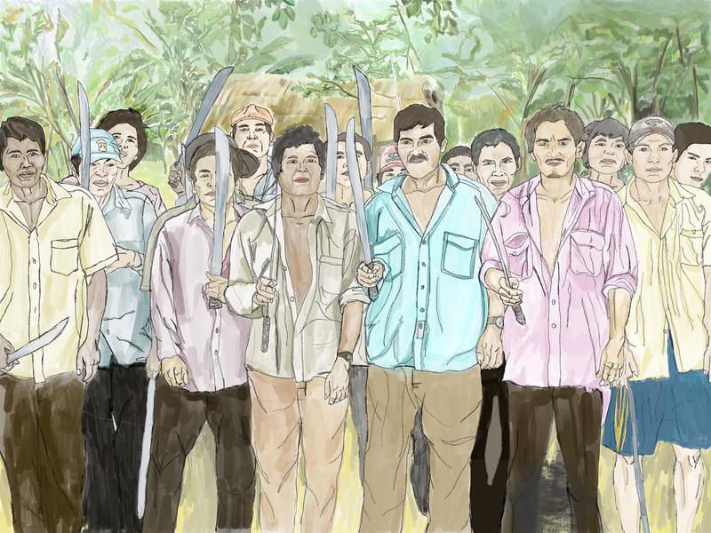 Illustration von männlichen Mitgliedern der bolivianischen Tsimané. In ihrer Studie beschreiben die Forscher, welche Konflikte zwischen Männern entstehen können und wer wen im Konfliktfall unterstützt.