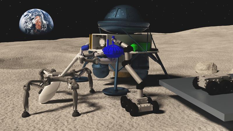 Animiertes Missionszenario, bei dem Mantis und VELES gemeinsam Komponenten von einem Landemodul entladen