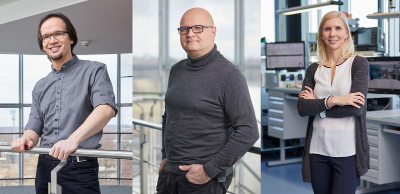 Für ihre die Entwicklung einer im weltweiten Vergleich unerreichten Technologie zur weiteren Miniaturisierung von Mikrochips erhalten sie den Joseph-von-Fraunhofer-Preis: Michael Kampmann, Martin Witt und Dr. Jacqueline Atanelov (v.l.n.r.).