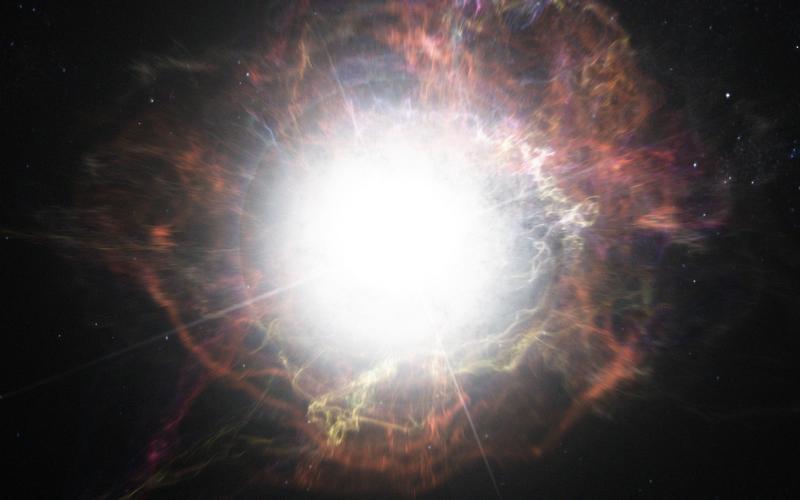 Diese künstlerische Darstellung zeigt die Staubbildung in der Umgebung einer Supernova-Explosion. 
