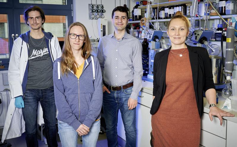 Nachwuchsgruppenleiterin Dr. Jola Pospech mit Postdoktorand Dr. Andranik Petrosyan, Masterstudentin Sina Brandt und Doktorand Tobias Täufer. 