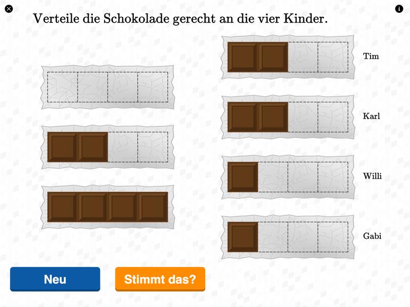  Aufgabe aus dem digitalen Schulbuch „Bruchrechnen. Bruchzahlen & Bruchteile greifen & begreifen“ für die Jahrgangsstufe 6. Das Buch für Tablets wurde an der Technischen Universität München (TUM) entwickelt.