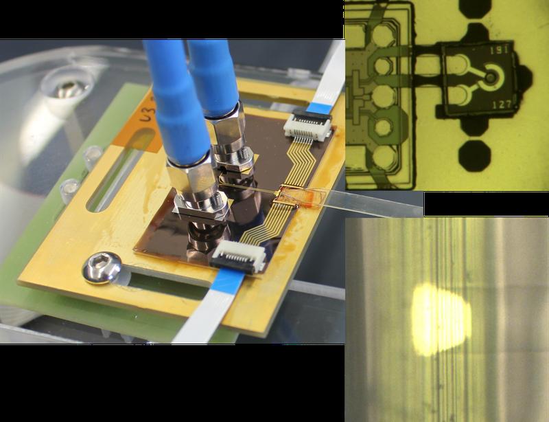 Demonstration optischer Datenübertragung über polymere planare Lichtwellenleiter. Oben rechts: Direkt-Metall Kontakte zwischen additive eingebetteten VCSEL und Lasertreiber. Unten rechts: Integration der 45°-Mikrospiegel in polymere Lichtwellenleiter.