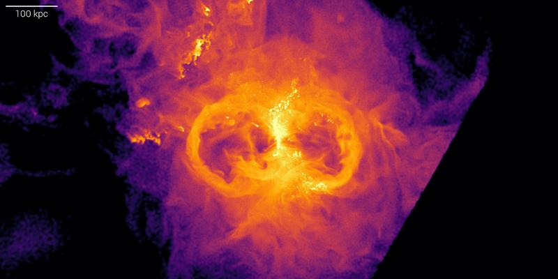 Gasdichte rund um eine massereiche Zentralgalaxie in einer Galaxiengruppe im virtuellen Universum der TNG50-Simulation