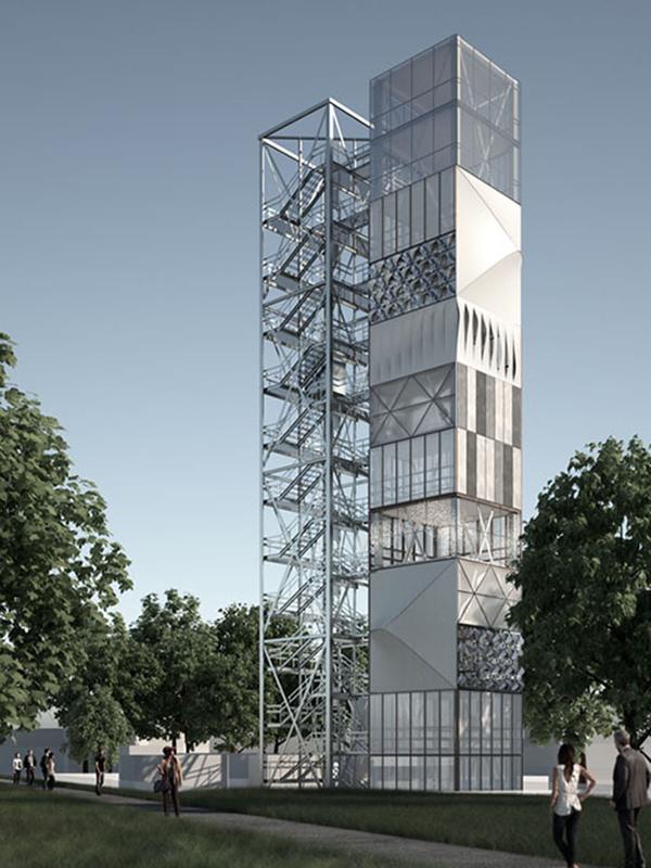 Die adaptiven Tragwerkselemente werden zurzeit in einem Demonstrationsgebäude in der Praxis erforscht. Das ca. 37 Meter hohe adaptive Hochhaus steht auf dem Campus der Universität Stuttgart.