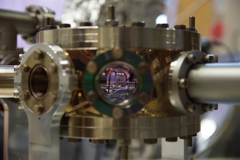 View into the vacuum chamber where the ion trap is isolated from external noise. 