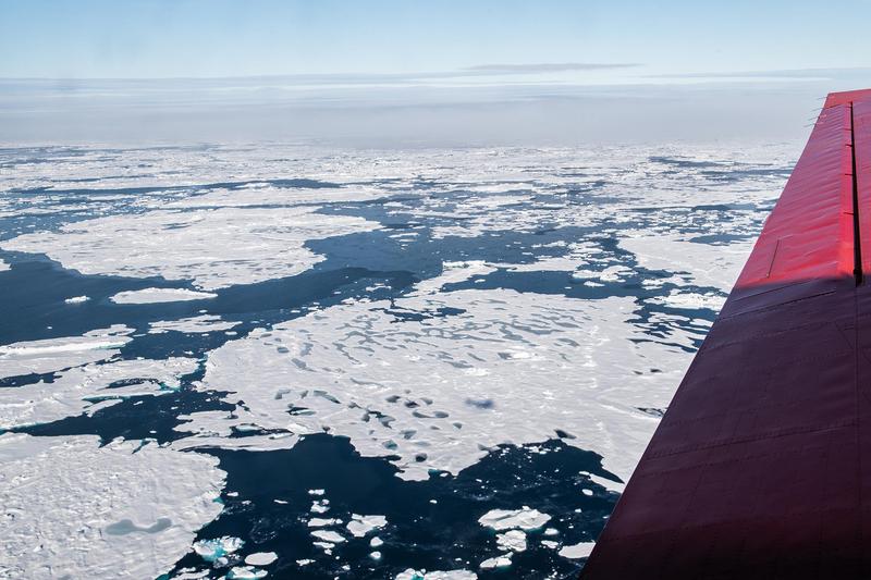 Blick aus dem Forschungsflugzeug auf arktisches Meereis