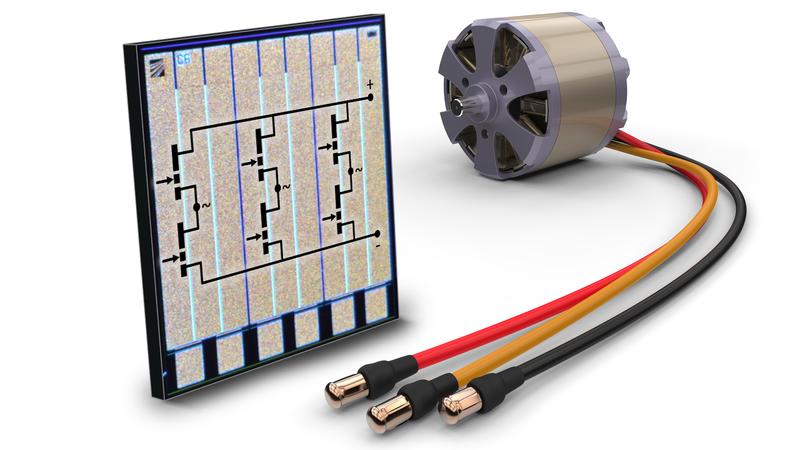 Der 3-Phasen Motorinverter GaN IC des Fraunhofer IAF ist in einem 2x2 mm2 großen Chip realisiert und bietet drei Halbbrücken für die Ansteuerung eines bürstenlosen Gleichstrommotors (BLDC).