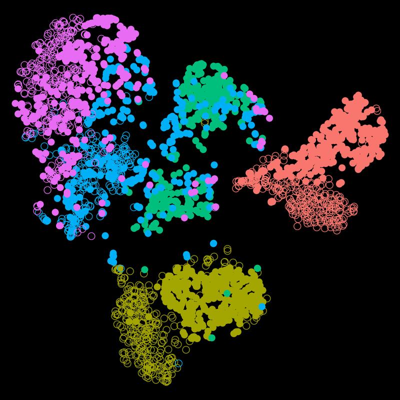 A visualisation of the single-cell analysis of mouse embryonic stem cells, with each point representing an individual cell. Relative position indicates similarity in gene activity profile and colors the measurement time points.