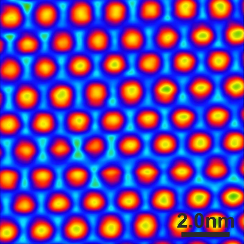 Ein hochaufgelöstes Rastertunnelmikroskopie-Bild der geordneten NHC-Einzellage auf Silizium; NHC steht für "N-heterozyklische Carbene". 