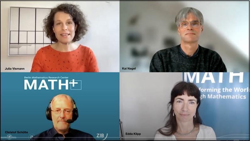 MATH+ Experten-Talk zu Möglichkeiten und Grenzen mathematischer Modellierungen in der Corona-Krise mit Journalistin Julia Vismann; screenshot der Diskussionsrunde