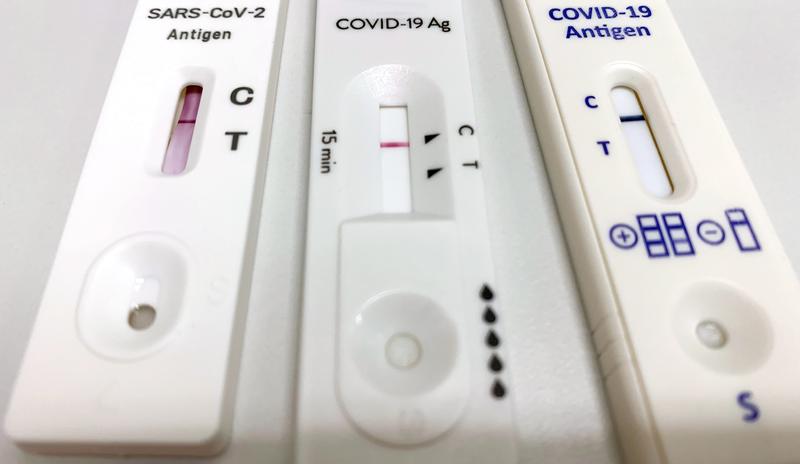 Die evaluierten SARS-CoV-2-Antigen-Schnelltests dreier Hersteller. Eine Bande bei C zeigt an, dass der Test technisch funktioniert hat und auswertbar ist. Eine Bande bei T zeigt ein positives Ergebnis, eine fehlende ein negatives.