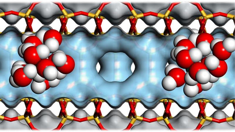 Cluster von Wassermolekülen in den Poren eines Zeoltihen.