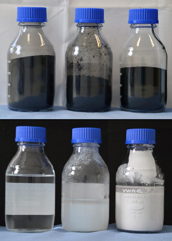 Bottom, secondary products recovered from the ash, from left to right: liquid sodium silicate or "water glass", precipitated SiO2, precipitated ZnSO4.