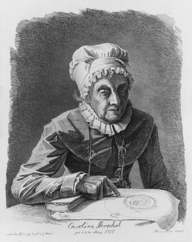 Caroline Herschel mit einer Illustration der Planeten im Sonnensystem.