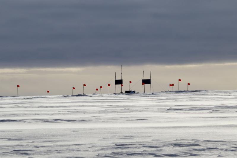 Blick auf die erste Station des Radio-Neutrino-Observatoriums auf dem grönländischen Eis. Die roten Fahnen markieren unterirdische Antennen, die von Solarmodulen (dunkle Rechtecke) mit Strom versorgt werden. 