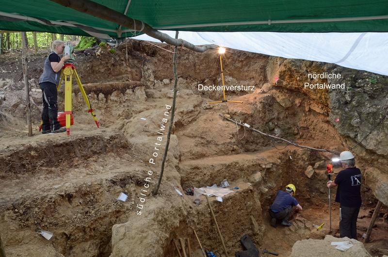 Die Ausgrabungen im verstürzten Eingangsbereich der Höhle im Jahr 2019. Gut erkennbar sind die teilerodierte Südwand und die gut erhaltene Nordwand, während das Höhlendach verstürzt ist. Der verzierte Knochen fand sich in Erdschichten unter der Nordwand. 