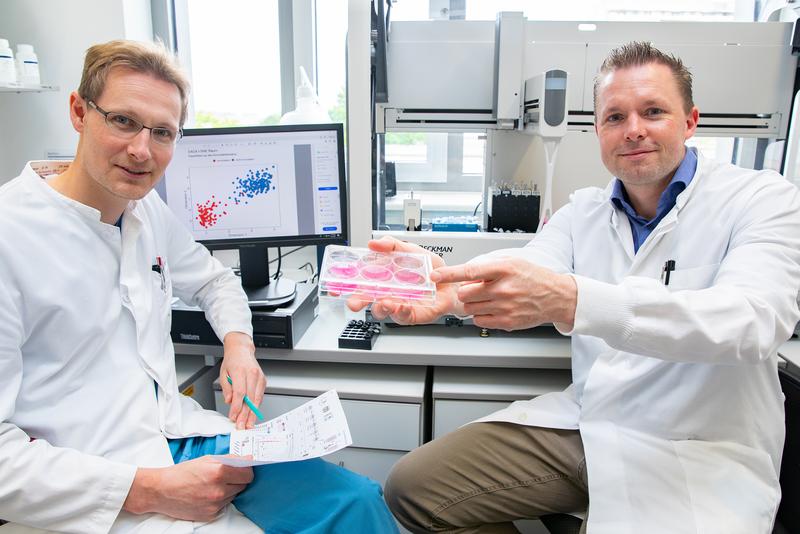 Dr. Michael Rothe (rechts, mit einer Zellkultur-Anzuchtschale) und Dr. Dr. Adrian Schwarzer vor einem Pipettier-Roboter für die Testung von Gentherapievektoren. 