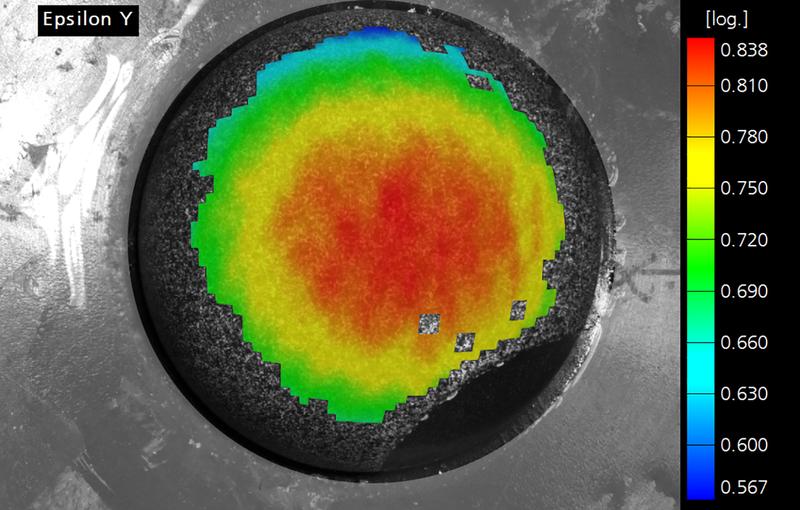 Results of the evaluation of the bulge test using the GOM Aramis 3D software: logarithmic strain 𝜀𝑦𝑦 at maximum load.