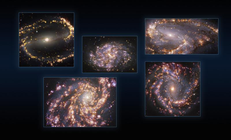 Fünf Galaxien, die mit MUSE am VLT der ESO bei verschiedenen Wellenlängen des Lichts aufgenommen wurden