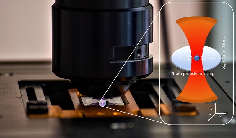 Ein Mikropartikel, der mit einer optischen Pinzette festgehalten wird, unter dem Mikroskop. Rechts im Bild: Illustration des festgehaltenen Partikels (vergrößert); rot dargestellt ist das Licht des eingesetzten Infrarotlasers. 