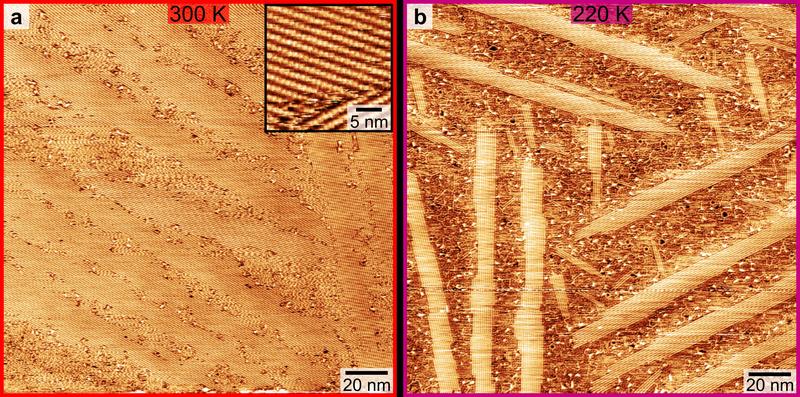 Aufnahmen mit dem Rastertunnelmikroskop zeigen, wie Molybdänacetat-Moleküle mobil werden: Bei 300 Kelvin (ca. 27 °C, li.) sind die Moleküle geordnet. Bei 220 Kelvin (ca. -53 °C, re.) löst sich die Kettenstruktur teilweise auf.