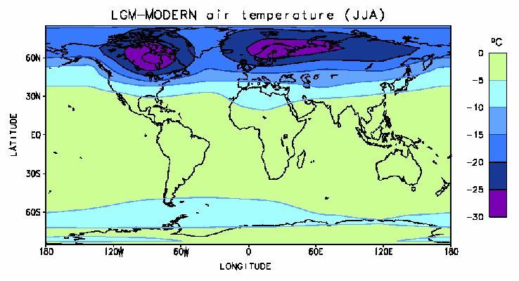 Die Grafik zeigt die Abkühlung der bodennahen Luftschicht auf dem Höhepunkt der letzten Eiszeit relativ zu den heutigen Temperaturen. In einigen Gebieten der Nordhalbkugel war es damals bis zu dreißig Grad kälter als heute.