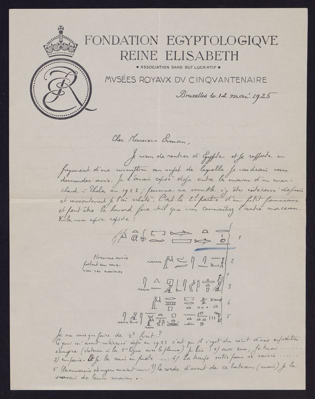 Ein Brief von Jean Capart von der Fondation Égyptologique Reine Élisabeth (Bruxelles) an Adolf Erman. 