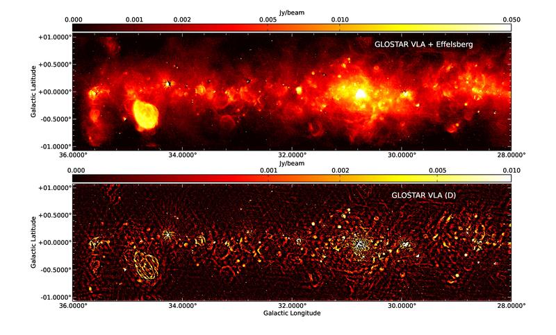 Top: Continuum radio image of the pilot region in the range 28° < l <36° from the combination of the VLA D-configuration and the Effelsberg single dish images. Bottom: VLA image of the same longitude range (see also Medina et al., 2019).