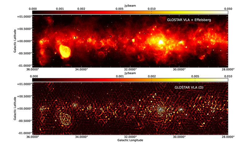 Oben: Radiokontinuumsbild der GLOSTAR-Pilotregion im Bereich 28° < l <36° mit kombinierten Interferometermessungen von Effelsberg und VLA. Unten: Radiokontinuumsbild des gleichen Bereichs nur mit VLA in D-Konfiguration (vgl. Medina et al., 2019).