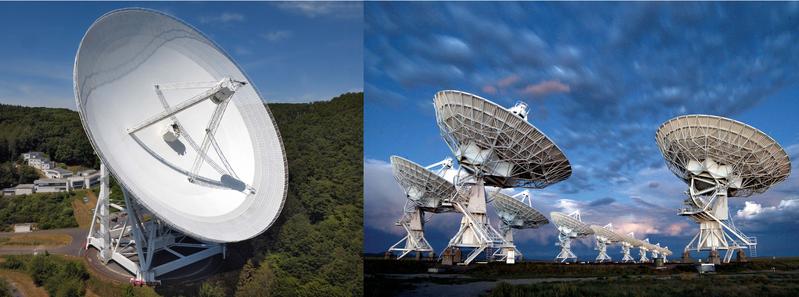 Radioteleskope für Messungen im Rahmen des GLOSTAR-Projekts: Effelsberg-100m-Teleskop (links) und 10 Antennen des Karl G. Jansky Very Large Array (rechts).