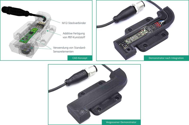 Demonstrator des individualisierten Sensors in den unterschiedlichen Fertigungsstufen: CAD-Konzept (oben links), nach der Integration der elektronischen Komponenten (oben rechts) und als fertiger Demonstrator (unten).