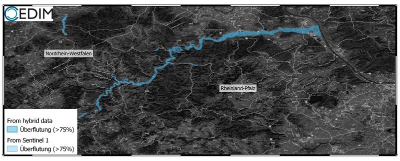 Abschätzung der überfluteten Fläche (> 75 % betroffene Fläche) für den Kreis Ahrweiler, besonders entlang der Ahr. (Abbildung: Andreas Schäfer, CEDIM/KIT) 