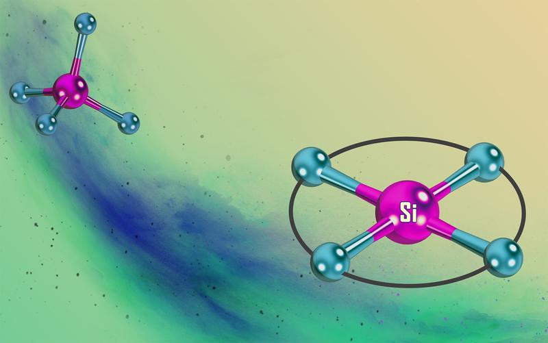 Changes to the natural tetrahedral structure of silicon (top left) in an unusual square planar geometry (bottom right).